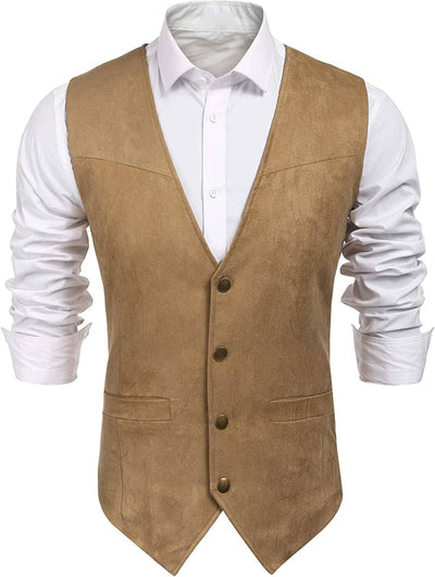 Solid Suede Leather Suit Vest (US Only) Vest COOFANDY Store Light Khaki S 
