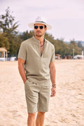 Casual 2 Pieces Cotton Linen Henley Shirt Set (US Only) Sets coofandy