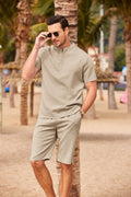 Casual 2 Pieces Cotton Linen Henley Shirt Set (US Only) Sets coofandy