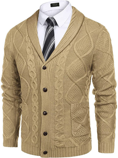 Shawl Collar Button Down Knitted Sweater with Pockets (US Only) Sweaters COOFANDY Store Khaki S 