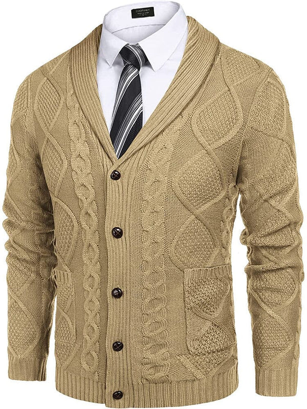 Shawl Collar Button Down Knitted Sweater with Pockets (US Only) Sweaters COOFANDY Store Khaki S