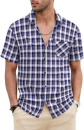 Classic Short Sleeve Plaid Cotton Shirts with Pocket (US Only) Shirts COOFANDY Store Navy Blue L