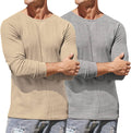 2 Pack Waffle Long Sleeve Cotton T-Shirt (US Only) T-Shirt COOFANDY Store Khaki/Grey S