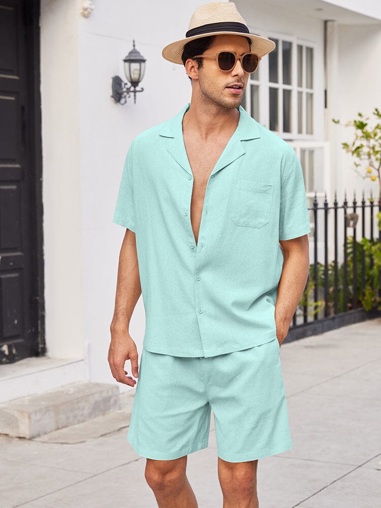 Casual Linen Short Sleeve Shirt Sets (US Only) Sets coofandystore Green S 