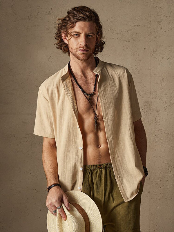 Classic Casual Cotton and Linen Stand Collar Shirt Shirts coofandystore Khaki M