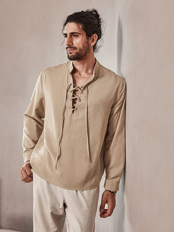 Casual Drawstring Linen Blend Shirt Shirts coofandystore Light Khaki M