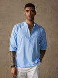 Linen V-neck Beach Long-sleeved Shirt Shirts & Polos coofandystore Light Blue S