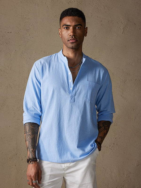 Linen V-neck Beach Long-sleeved Shirt Shirts & Polos coofandystore Light Blue S