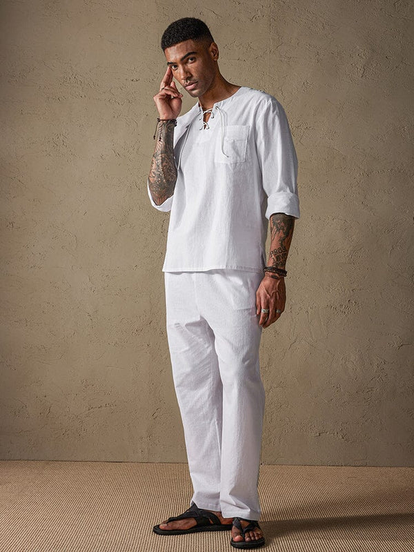 Solid Color Long Sleeve Casual Cotton Linen Set Sets coofandystore White S