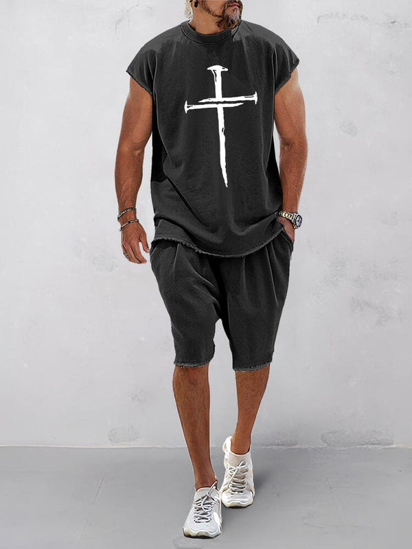 Cozy Crucifix Graphic Tracksuits Set Sports Set coofandy Black M