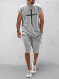 Cozy Crucifix Graphic Tracksuits Set Sports Set coofandy Light Grey M
