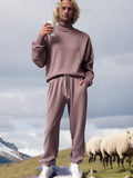 Simple Turtleneck Leisure 2-Piece Outfit Sets coofandy Pink M