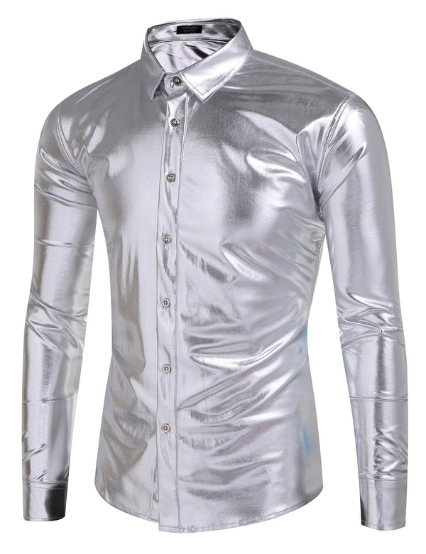 Metallic Disco Shiny Button Nightclub Party Shirt (US Only) Shirts coofandy Silver S