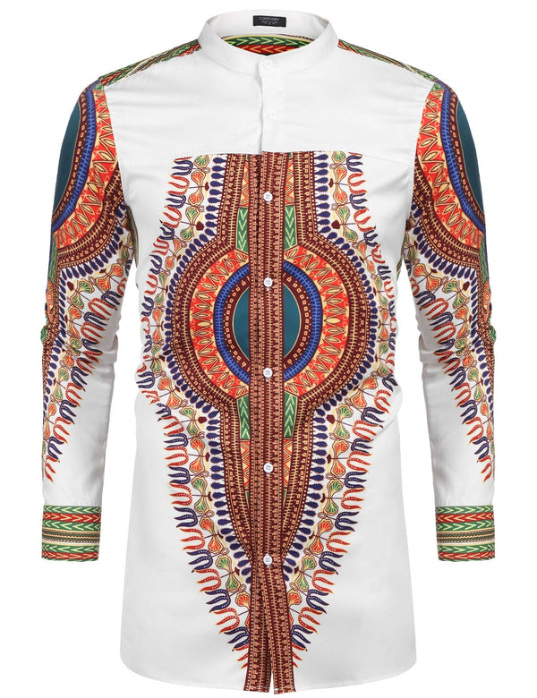 Casual Ethnic Graphic Long Shirt (US Only) Shirts COOFANDY Store White S