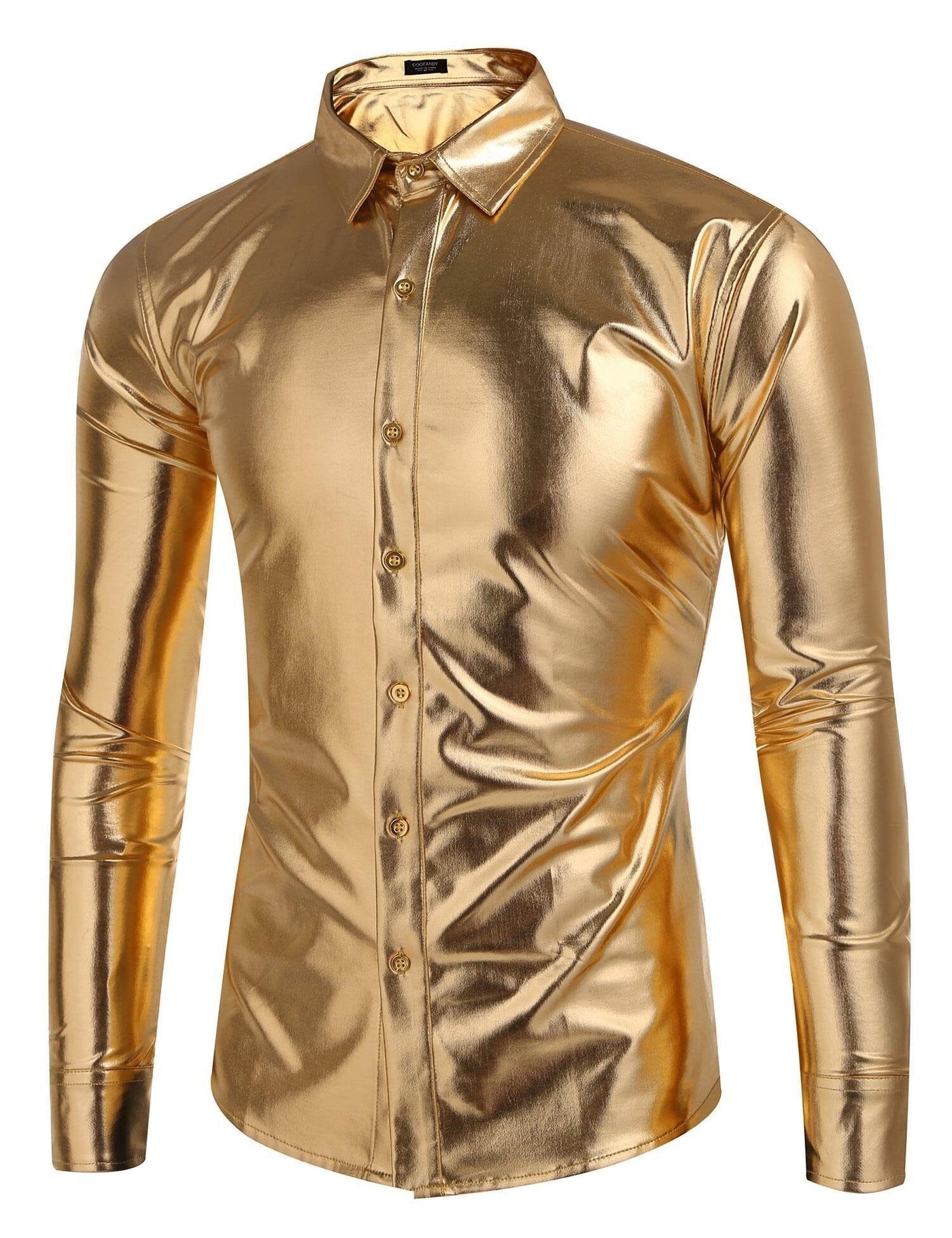 Metallic Disco Shiny Button Nightclub Party Shirt (US Only) Shirts coofandy Golden S 