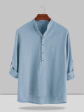 Stand Collar Cotton Linen Style Long Sleeve Shirt Shirts coofandystore Blue S