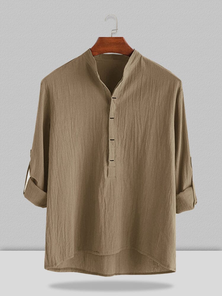 Linen Look Short Sleeve Stand Collar Shirt & Linen Cotton Blend Cropped Pants
