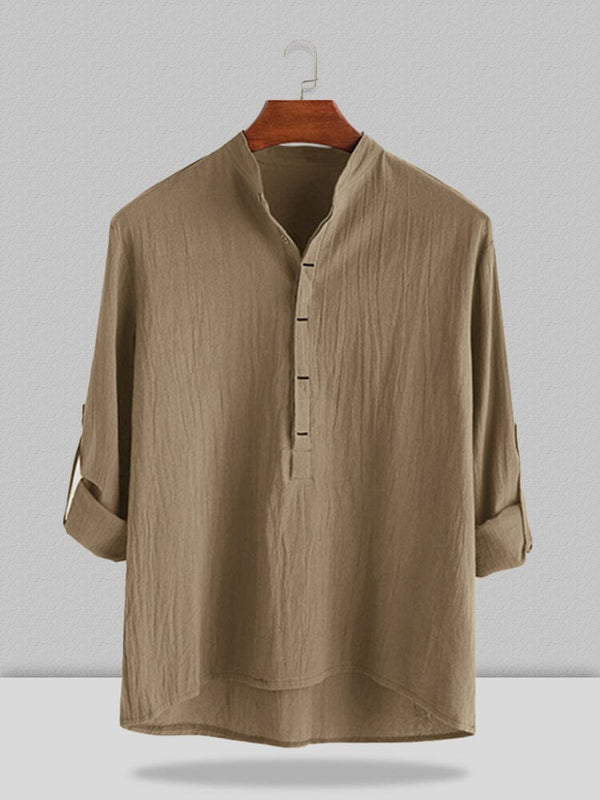 Stand Collar Cotton Linen Style Long Sleeve Shirt Shirts coofandystore Brown S