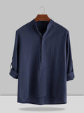 Stand Collar Cotton Linen Style Long Sleeve Shirt Shirts coofandystore Navy Blue S