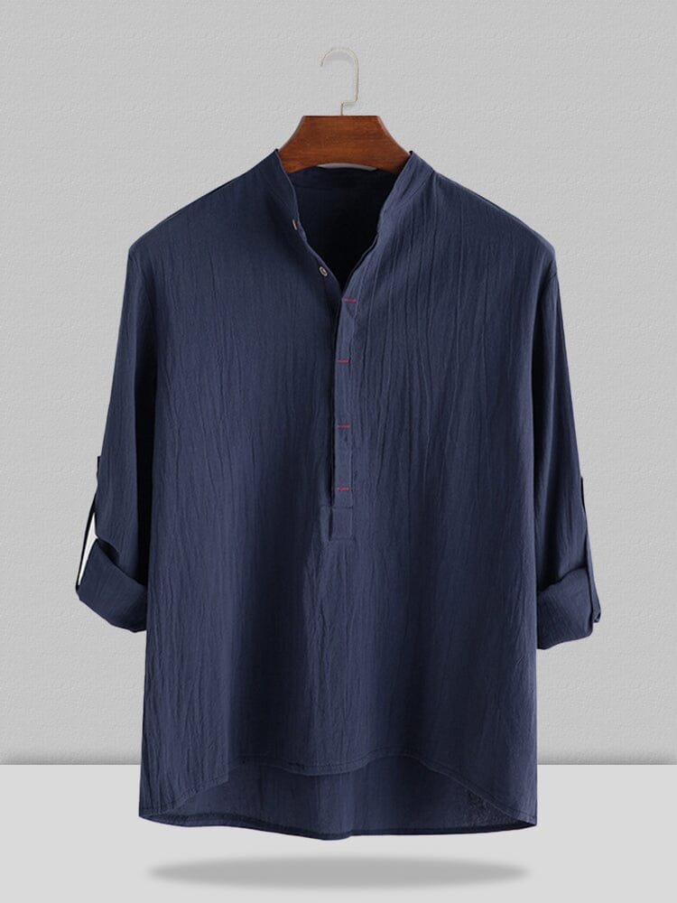 Stand Collar Cotton Linen Style Long Sleeve Shirt Shirts coofandystore Navy Blue S 