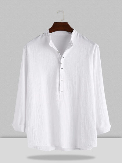 Stand Collar Cotton Linen Style Long Sleeve Shirt Shirts coofandystore White S 