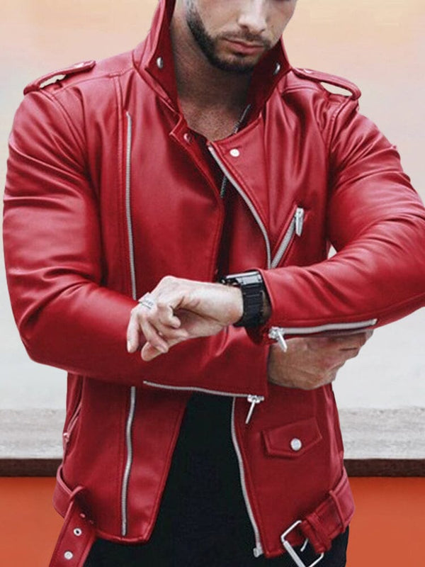 Lapel Zipper Leather Jacket Jackets coofandystore Wine Red S