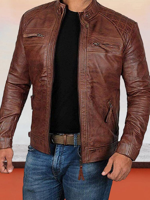 Stand Collar Punk Motorcycle Leather Jacket Jackets coofandystore Brown S