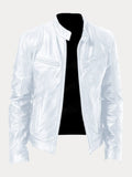 Stand Collar Zipper Cardigan Pocket PU Leather Jacket Jackets coofandystore White S
