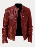 Stand Collar Zipper Cardigan Pocket PU Leather Jacket Jackets coofandystore Wine Red S