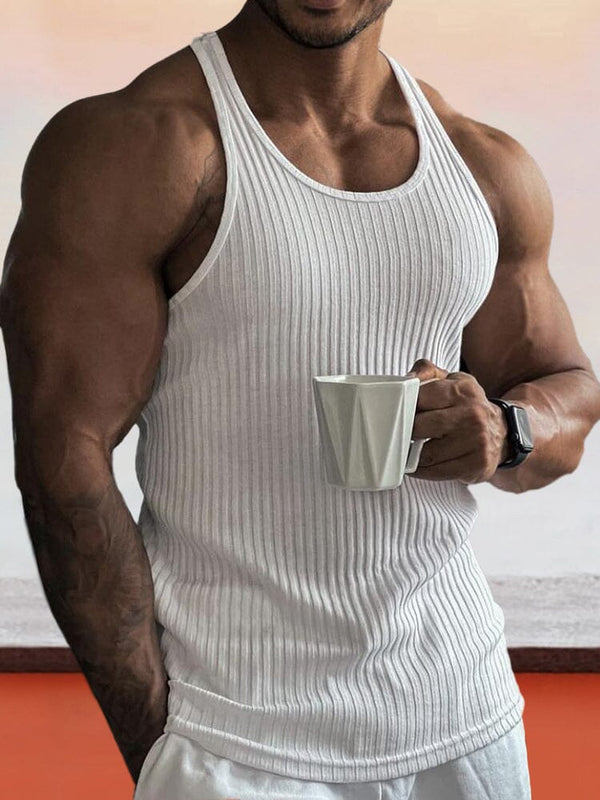 Solid Slim Fit Gym Knitted Tank Top Tank Tops coofandystore White S