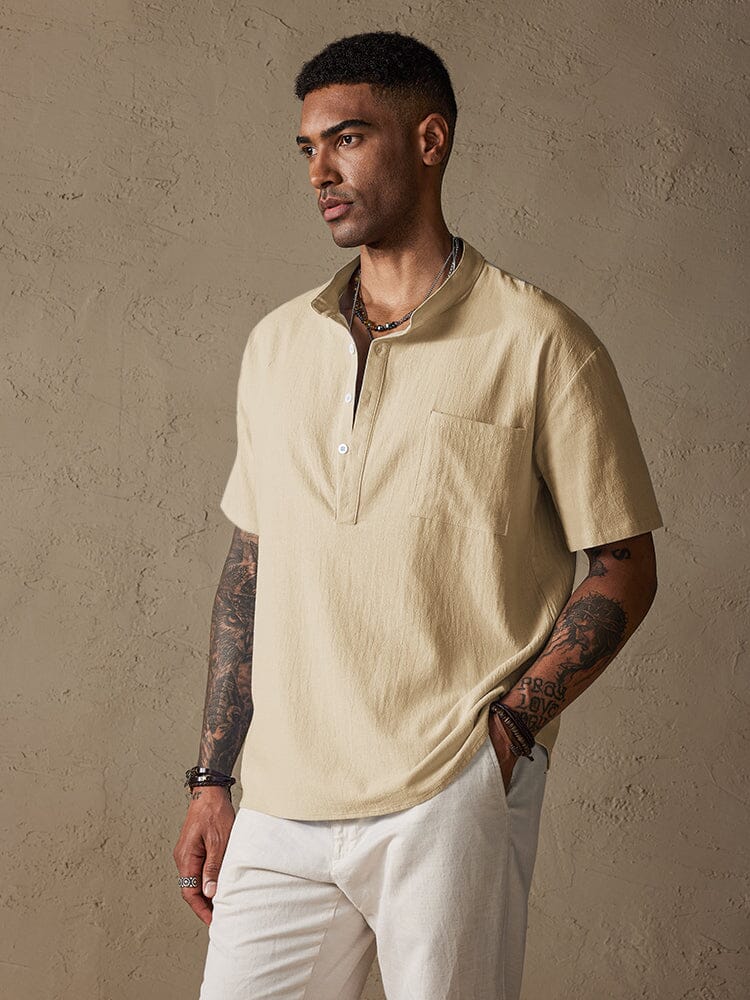 Fashion Cotton Linen Half Button Shirt Shirts coofandystore Apricot S 