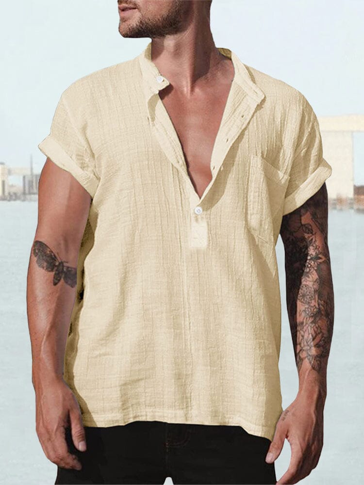 Fashion Cotton Linen Short Sleeve Shirt Shirts coofandystore Cracker Khaki S 