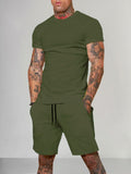 Solid Color Short Sleeve Casual Set Sets coofandystore Army Green M