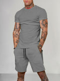Solid Color Short Sleeve Casual Set Sets coofandystore Navy Grey M