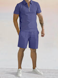 Casual Solid Color Polo Shirt Sets Sets coofandystore Navy Blue S