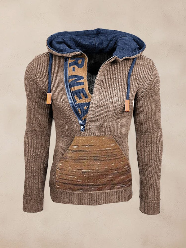 Stylish Splicing Knit Pullover Hoodie Sweater coofandy Brown S