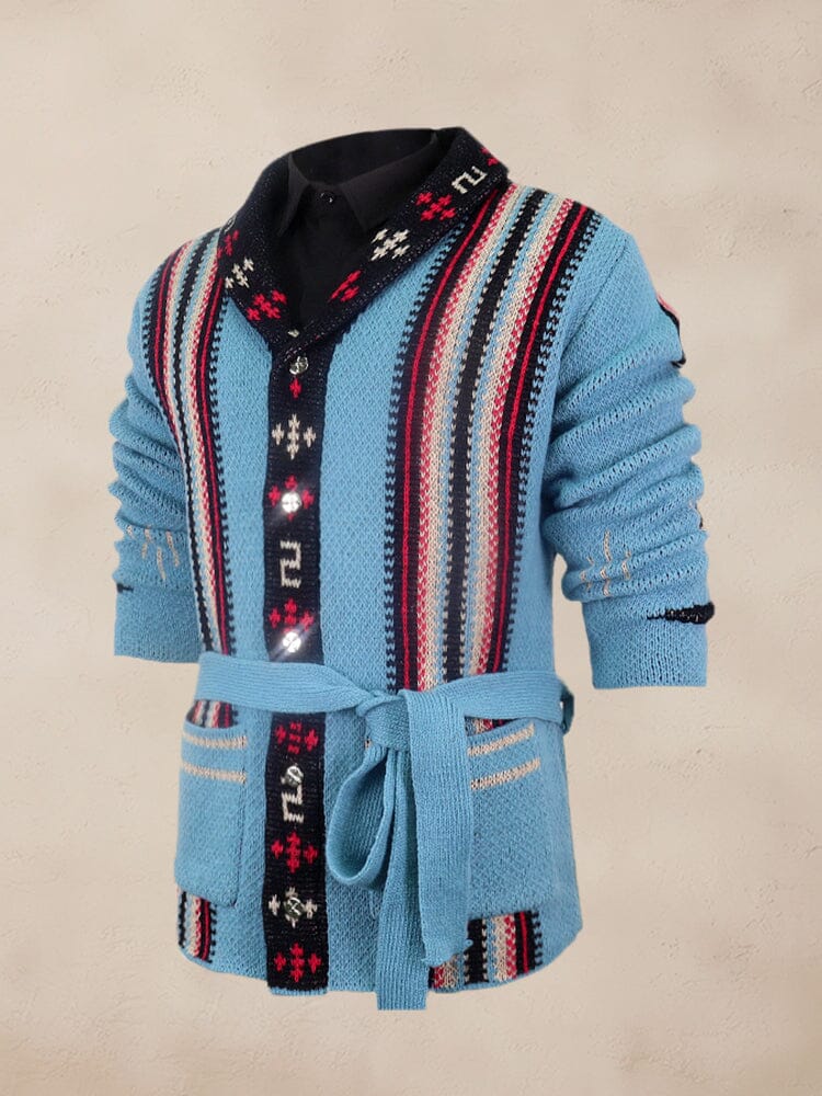 Stripe Jacquard Knit Cardigan with Belt Cardigans coofandy 