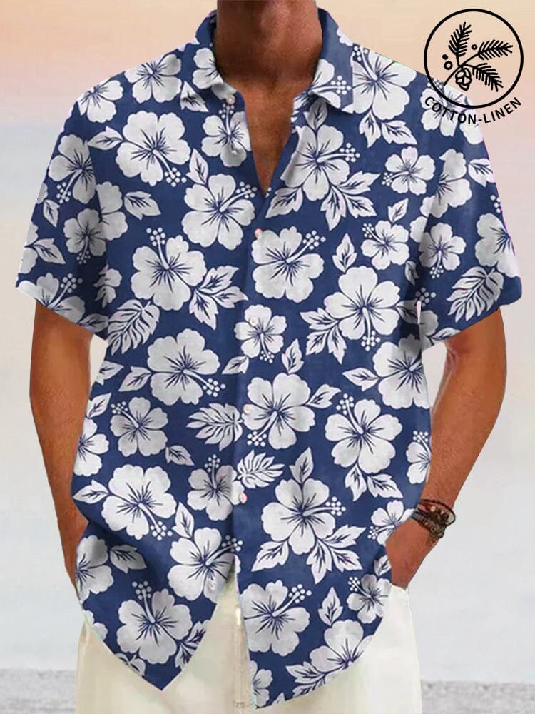 Hawaiian Flower Printed Cotton Linen Holiday Shirt Shirts coofandystore Blue S 