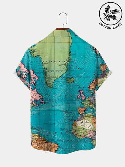Stylish Map Pattern Cotton Linen Shirt Shirts coofandystore 