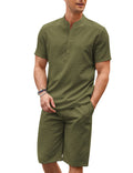 Casual 2 Pieces Cotton Linen Henley Shirt Set (US Only) Sets coofandy Army Green S