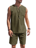 Casual 2 Piece Linen Drawstring Tank Top Sets (US Only) Sets coofandy Army Green S