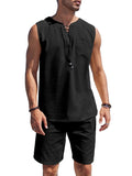 Casual 2 Piece Linen Drawstring Tank Top Sets (US Only) Sets coofandy Black S
