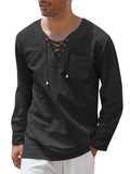 Breathable Solid Drawstring Cotton Linen Shirt (US Only) Shirts coofandy Black S
