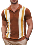 Vintage Stripe Short Sleeve Knitted Polo Shirt (US Only) Polos COOFANDY Store Brown & White M