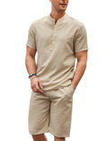Casual 2 Pieces Cotton Linen Henley Shirt Set (US Only) Sets coofandy Light Khaki S