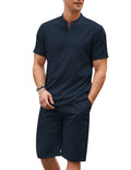 Casual 2 Pieces Cotton Linen Henley Shirt Set (US Only) Sets coofandy Navy Blue S