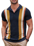 Vintage Stripe Short Sleeve Knitted Polo Shirt (US Only) Polos COOFANDY Store Navy Blue & Yellow S