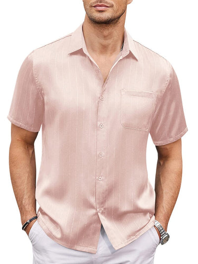 Casual Silk Satin Short Sleeve Shirt (US Only) Shirts coofandy Pink S 