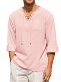 Breathable Solid Drawstring Cotton Linen Shirt (US Only) Shirts coofandy Pink S