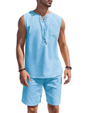 Casual 2 Piece Linen Drawstring Tank Top Sets (US Only) Sets coofandy Sky Blue S